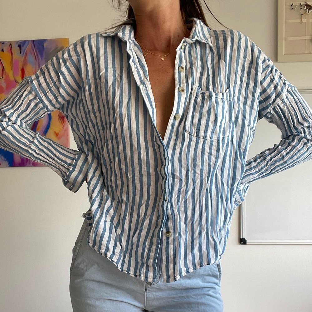 Blue & White Striped Button Down Shirt Small
